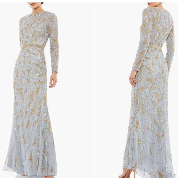 MAC DUGGAL BEADED LONG SLEEVE PLATINUM GOLD EVENING GOWN sz 6 - Picture 3 of 3